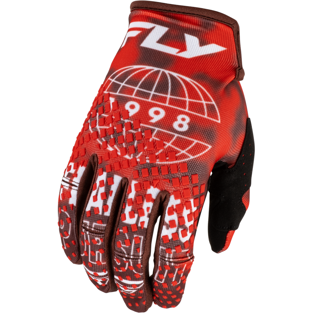 A red and black Fly brand motocross glove with white graphic details, including the word 'FLY' on the cuff, a globe design, and '998' on the back of the hand.