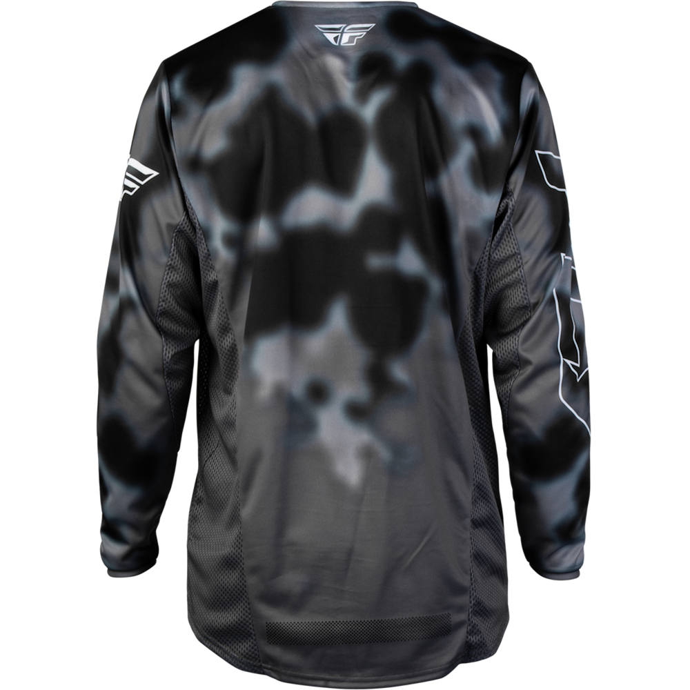 Black and gray camouflage long-sleeve motocross jersey with white graphic logos on the sleeves and a stylized wing logo on the back collar.