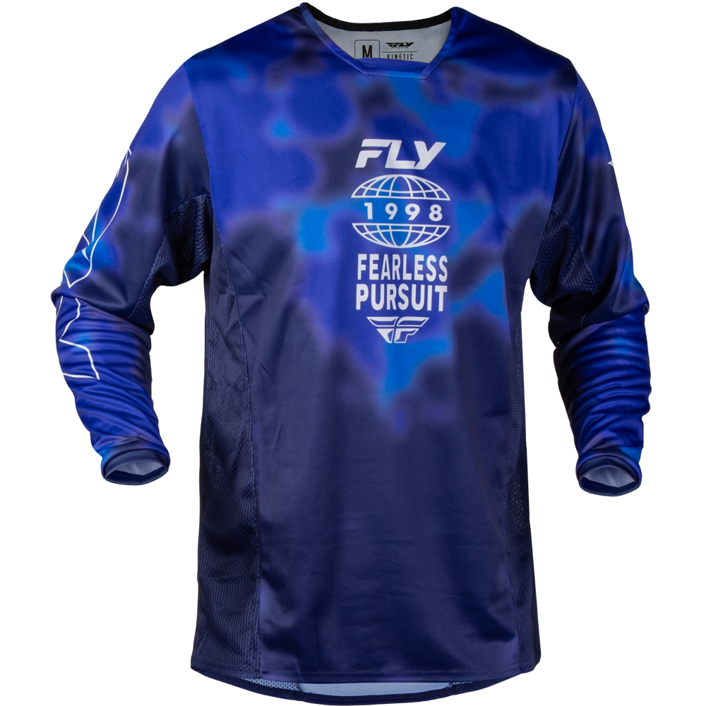 A long-sleeve athletic jersey in a blue and navy gradient with a white graphic on the chest reading 'FLY 1998 FEARLESS PURSUIT'.