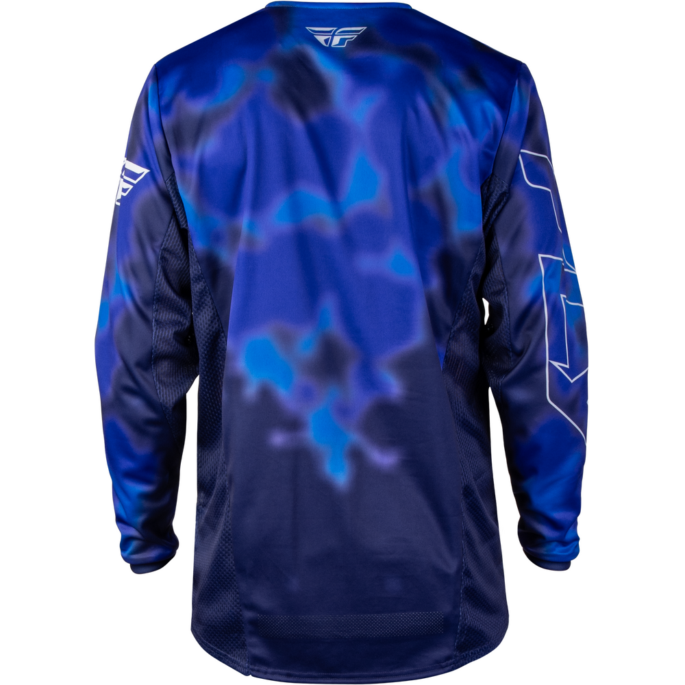 A long-sleeve motocross jersey shown from the back, featuring a blue and navy gradient with a subtle abstract pattern. The jersey has a white logo on the upper back and white graphic outlines on the sleeves.