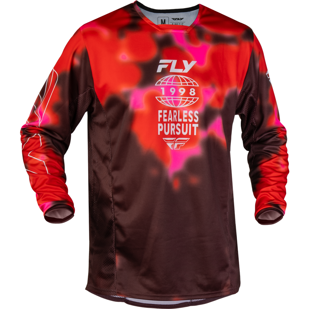 A long-sleeve motocross jersey by Fly Racing, featuring a red and dark brown tie-dye pattern with a pink glow effect around the chest graphic. The graphic reads 'FLY 1998 FEARLESS PURSUIT' with the FLY logo.