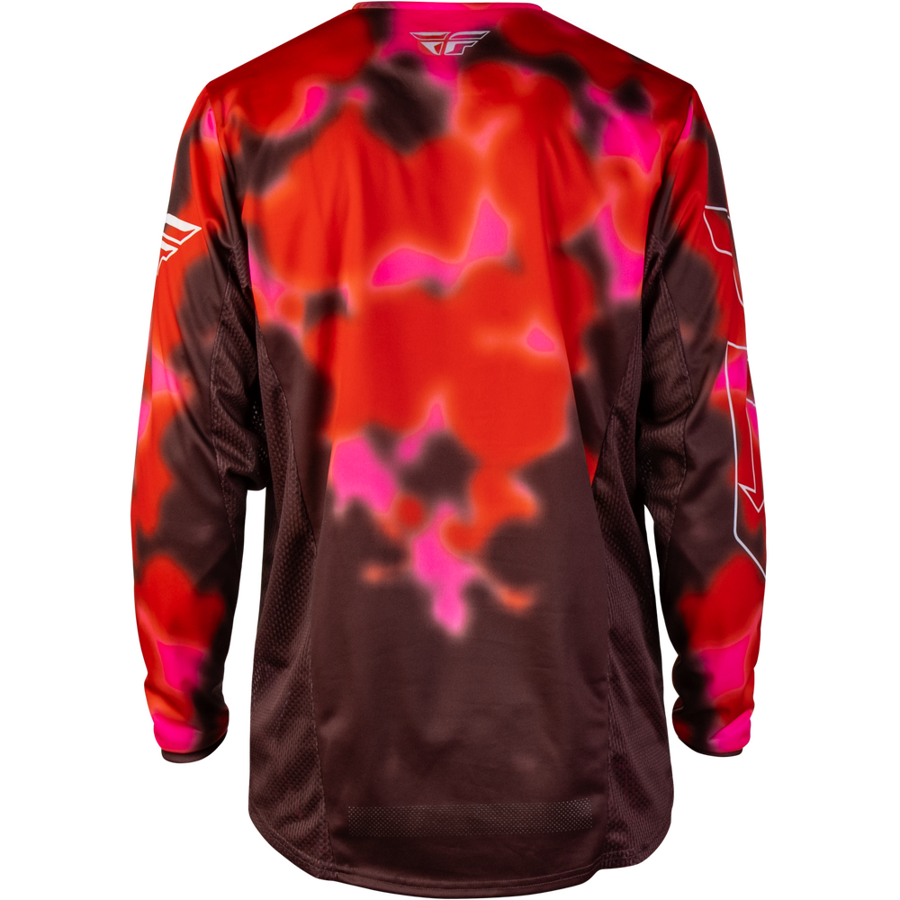A long-sleeve motocross jersey shown from the back, featuring a vibrant red, pink, and dark brown abstract camouflage pattern on a white background.