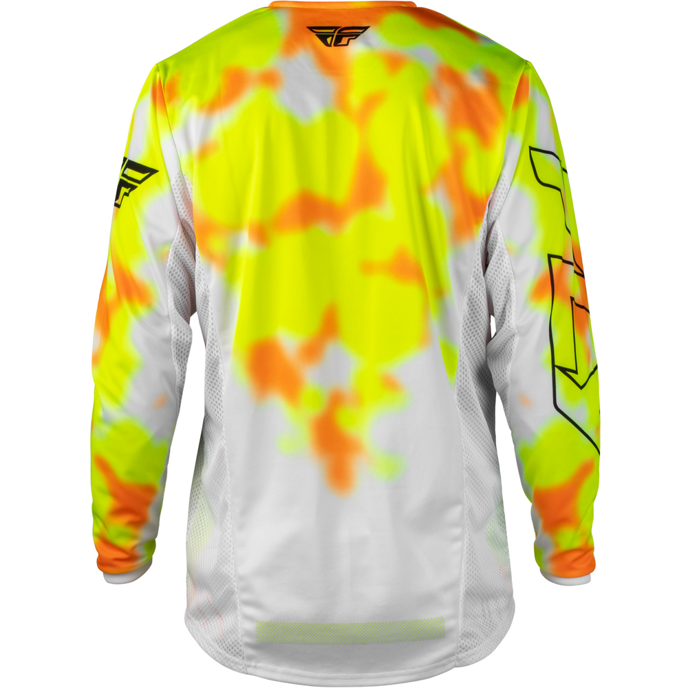 A long-sleeve motocross jersey shown from the back, featuring a vibrant neon yellow, orange, and white tie-dye pattern with black graphic details on the sleeves.