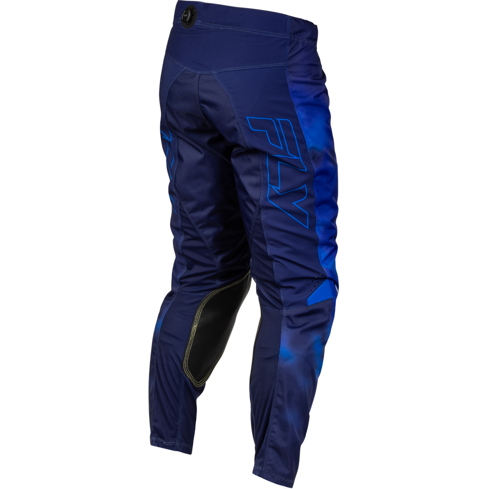 Blue and navy motocross pants with a large 'FXR' logo on the side, black knee pads, and a black waistband, shown on a white background.