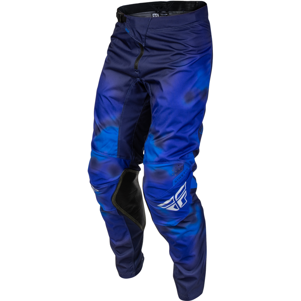 Blue motocross pants with a blue and black gradient pattern, featuring a white Alpinestars logo on the lower left leg and black knee protection panels, shown on a plain white background.