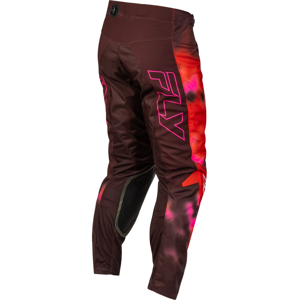 A pair of Fly brand motocross pants in dark brown with a vibrant red and pink flame pattern on the side and upper leg, featuring a large pink outlined 'FLY' logo on the thigh.