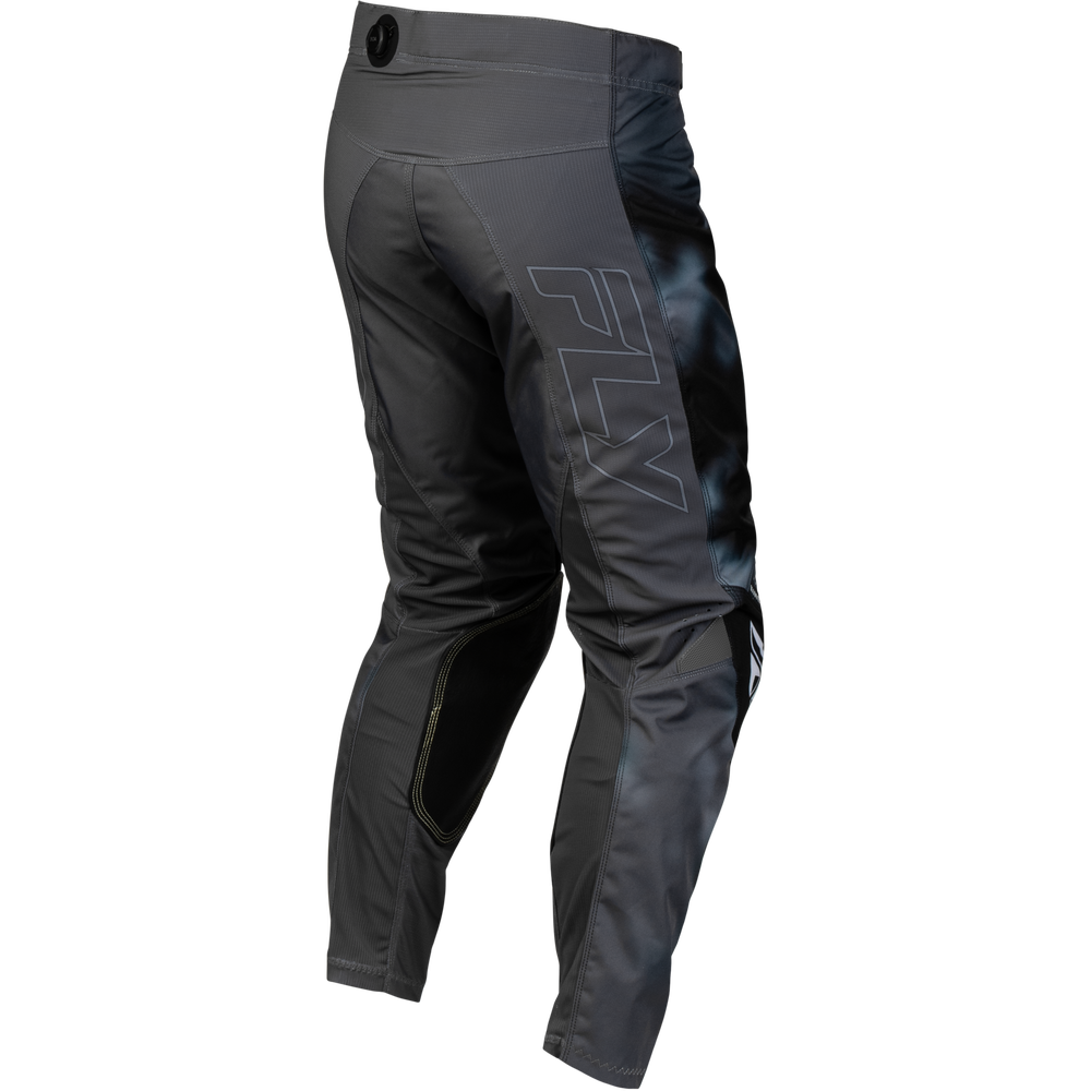 Dark gray and black motocross pants with a large outlined 'FLY' logo on the side, shown from a three-quarters back angle on a white background.