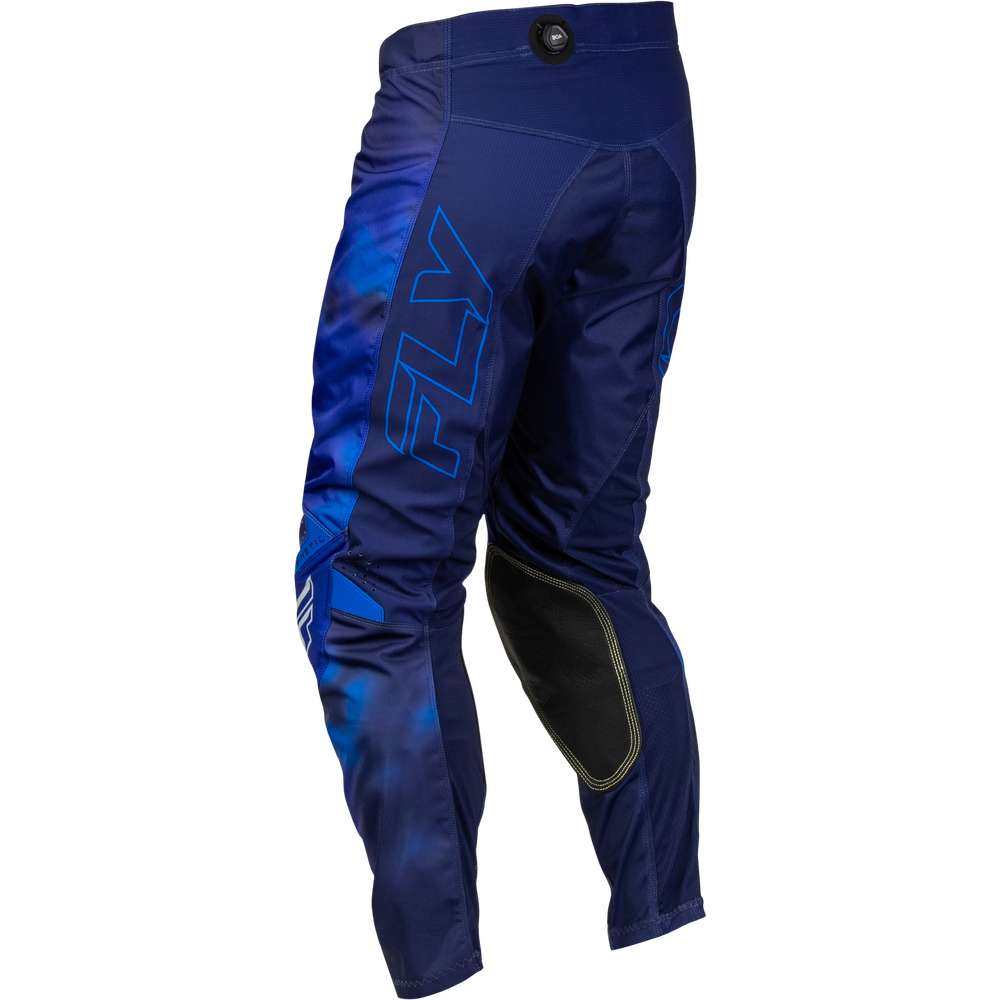 Blue and navy motocross pants with a large blue outlined 'FLY' logo on the side and black knee protection, shown on a white background.