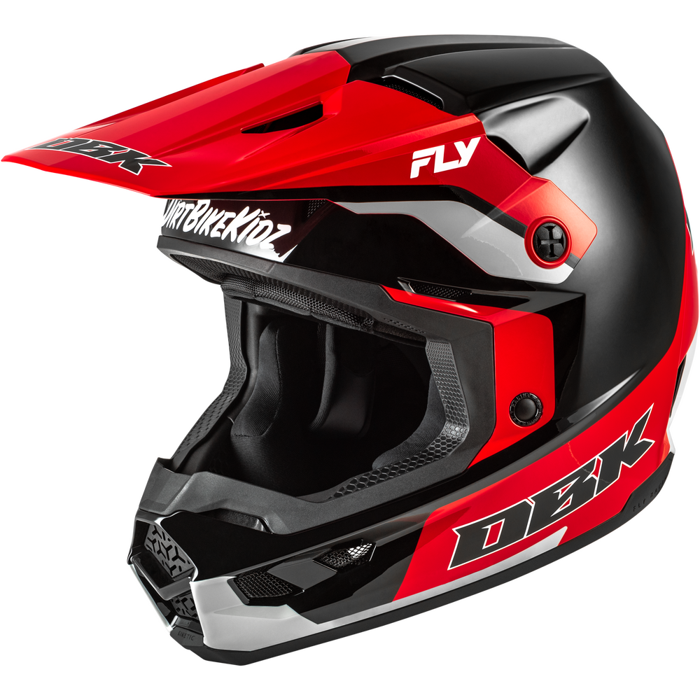 A red, black, and white full-face motocross helmet with a prominent visor, featuring the DBK and FLY logos on a clean white background.