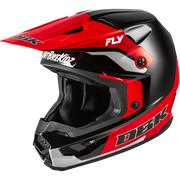 A red, black, and white full-face motocross helmet with a prominent visor, featuring the DBK and FLY logos on a clean white background.