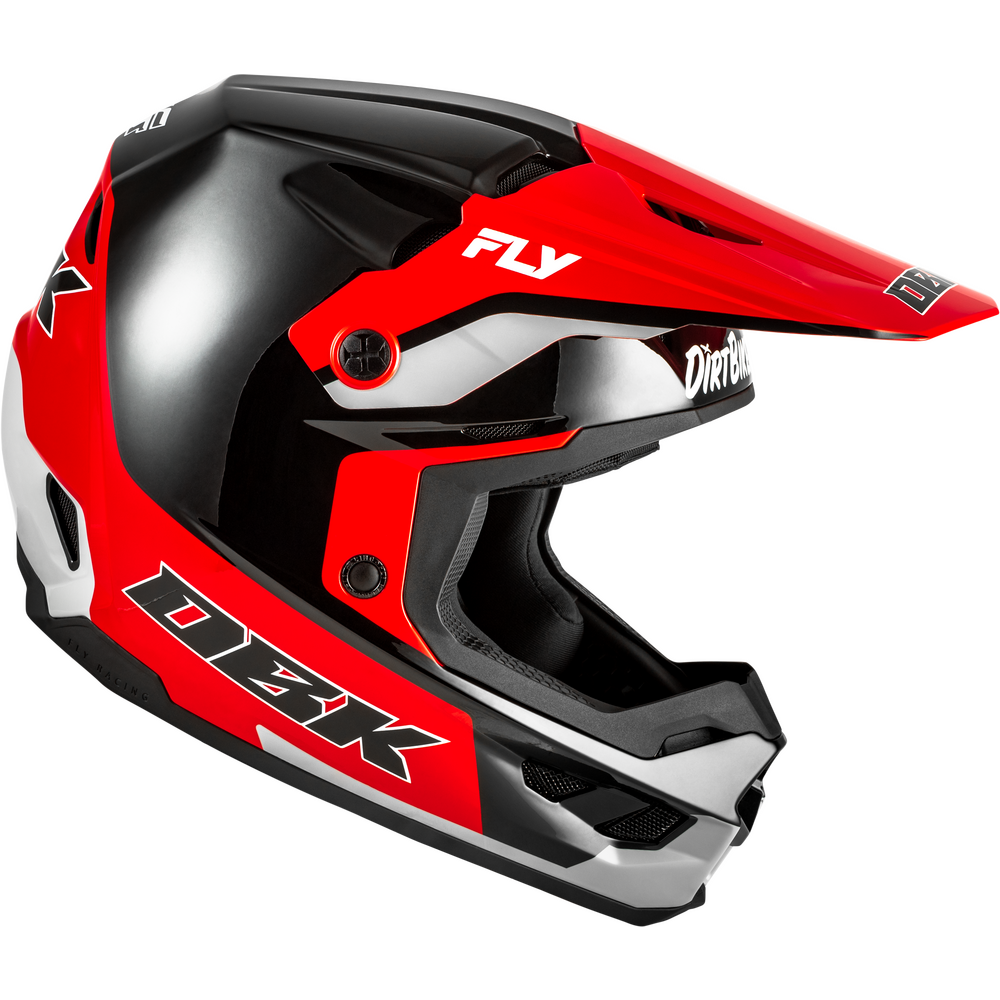 A red, black, and white full-face motocross helmet with a visor, featuring the 'DBK' and 'FLY' logos, shown on a plain white background.