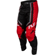 Red and black Fly motocross pants with white logo details, shown on a plain white background.