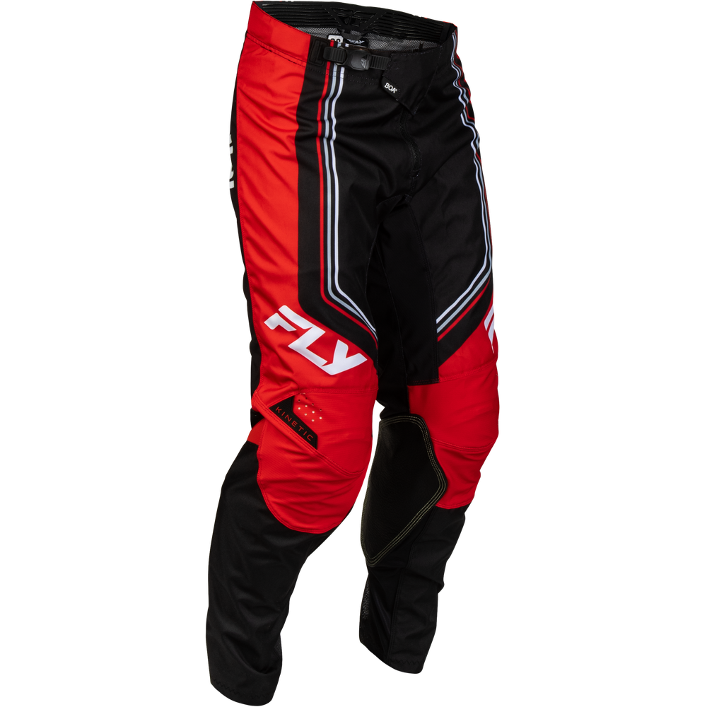 Red and black motocross pants with white and silver stripe details and a prominent white 'FLY' logo on the left leg, shown against a plain white background.