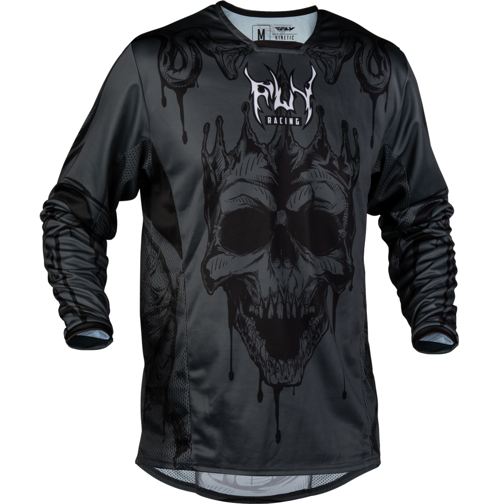 A black long-sleeve athletic jersey with a large dark gray and black skull graphic on the front, featuring a dripping design and the 'FLY RACING' logo above it, shown against a plain white background.