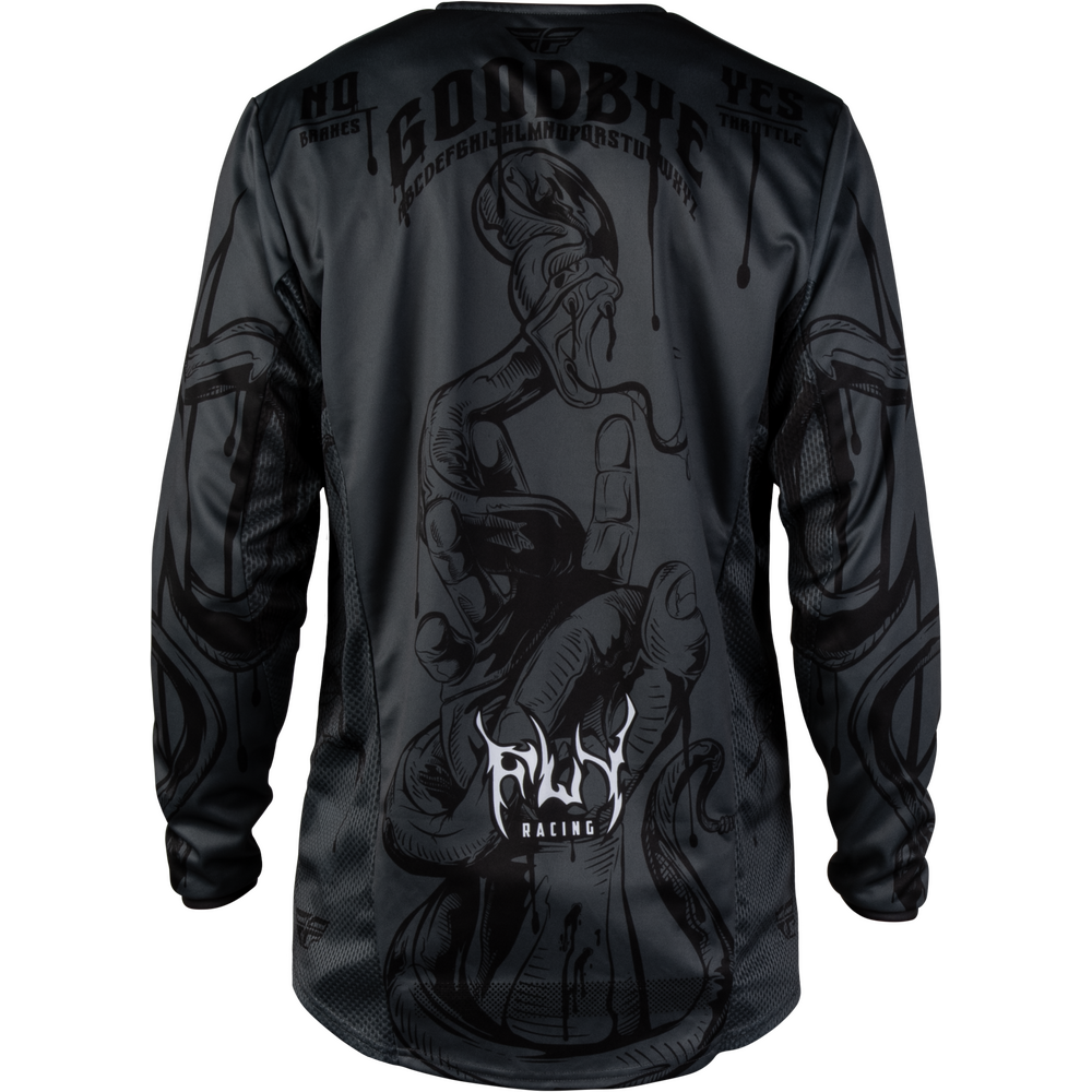 Black long-sleeve athletic jersey shown from the back, featuring a large dark gray graphic of a horned figure and white 'FLY RACING' text near the lower back.