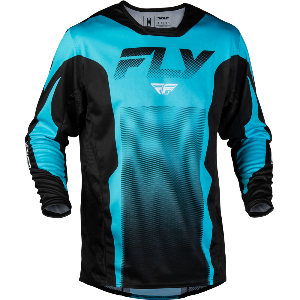 A long-sleeve motocross jersey in bright cyan blue and black, featuring the 'FLY' brand logo on the chest, displayed on a clean white background.