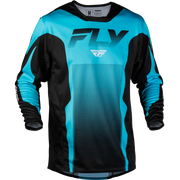 A long-sleeve motocross jersey in bright cyan blue and black, featuring the 'FLY' brand logo on the chest, displayed on a clean white background.