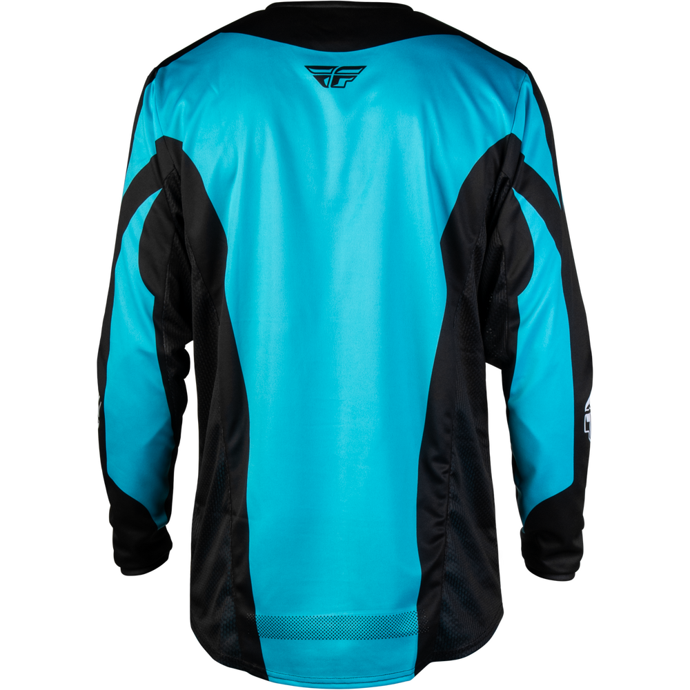 A long-sleeve athletic jersey shown from the back, featuring a bright turquoise blue body with black side panels and sleeves, and a black wing logo centered at the upper back.
