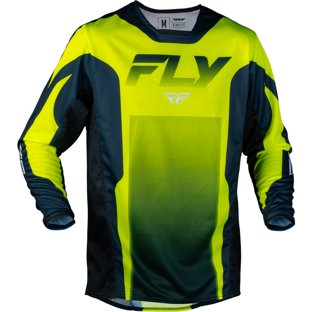 A long-sleeve motocross jersey by Fly Racing, featuring a neon yellow-to-dark-green gradient design with dark navy blue side panels and sleeves, and the 'FLY' brand logo on the chest.
