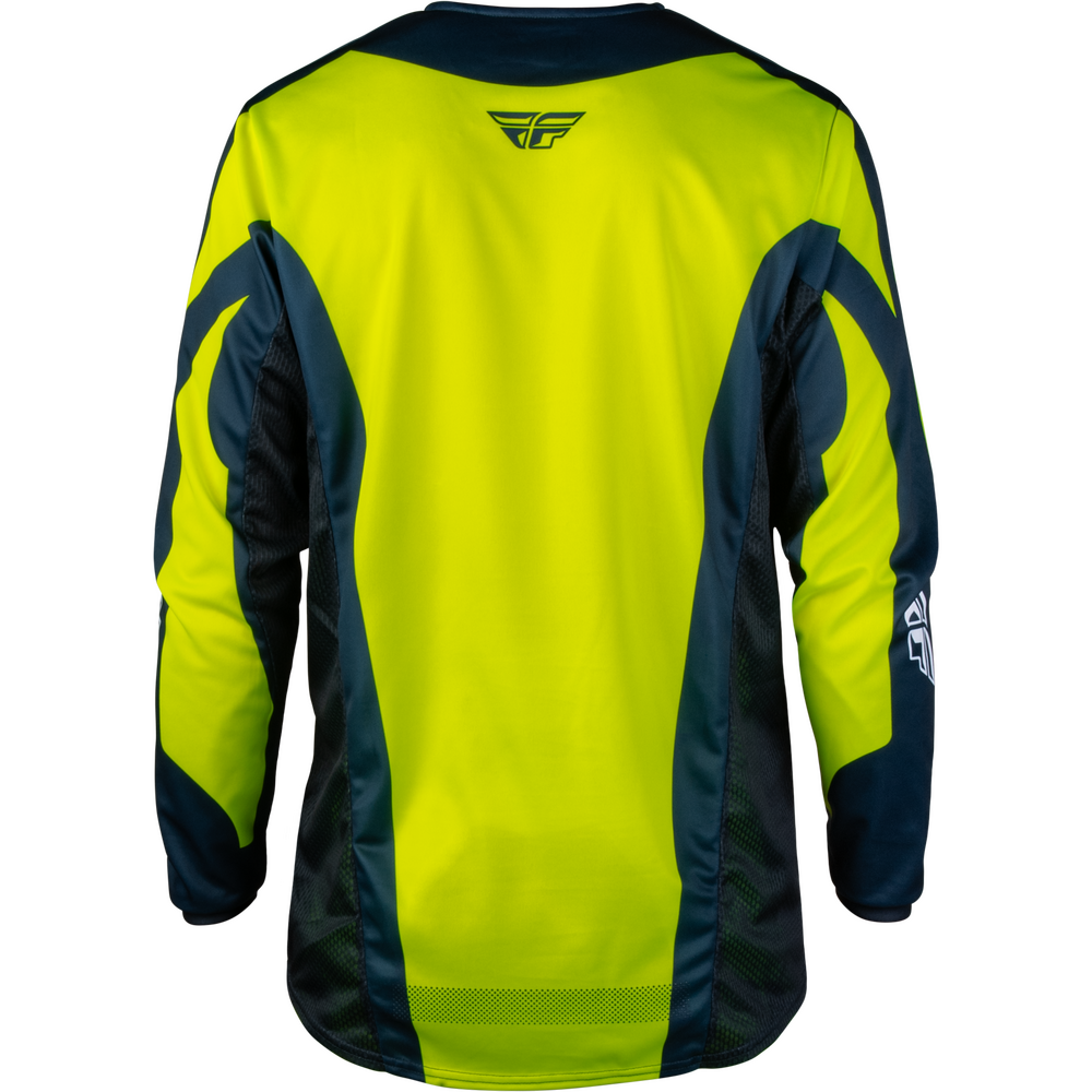 A long-sleeve motocross jersey shown from the back, featuring a bright neon yellow body with dark navy blue panels on the shoulders, sides, and sleeves. The Fly Racing logo is visible on the upper back.