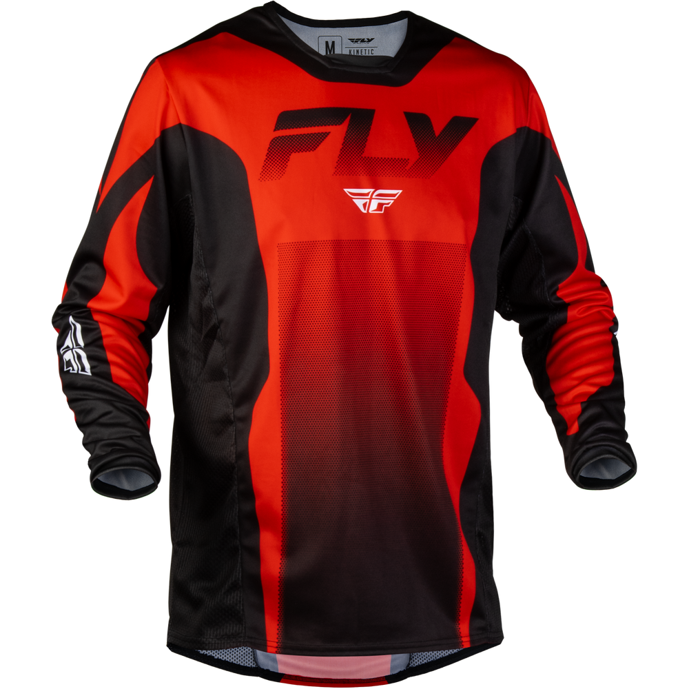 A long-sleeve motocross jersey in red and black with the FLY brand logo printed across the chest and on the sleeve, shown against a plain white background.