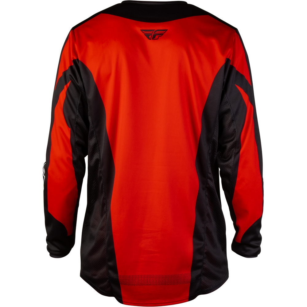 A long-sleeve motocross jersey shown from the back, featuring a vibrant red body with black side panels and sleeves, and a small wing logo centered below the collar.