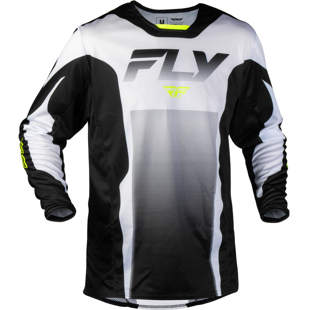 A long-sleeve motocross jersey by Fly Racing, featuring a black and white color-blocked design with a gradient mesh panel on the front and neon yellow accents.