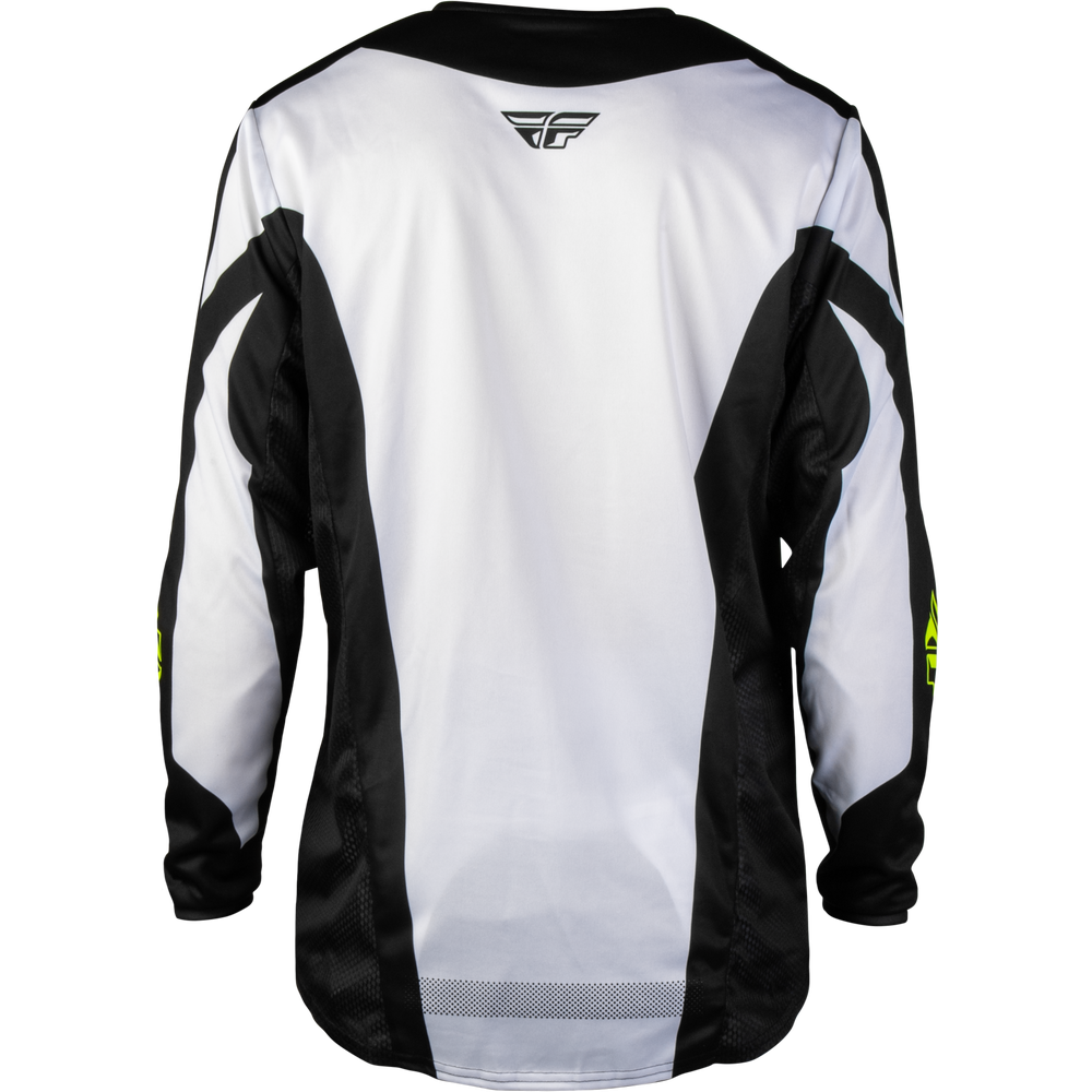A long-sleeve motocross jersey shown from the back, featuring a white body with black side panels, black shoulder yokes, and a black collar. A black wing logo is printed on the upper back, and a small yellow graphic is visible on the right sleeve.