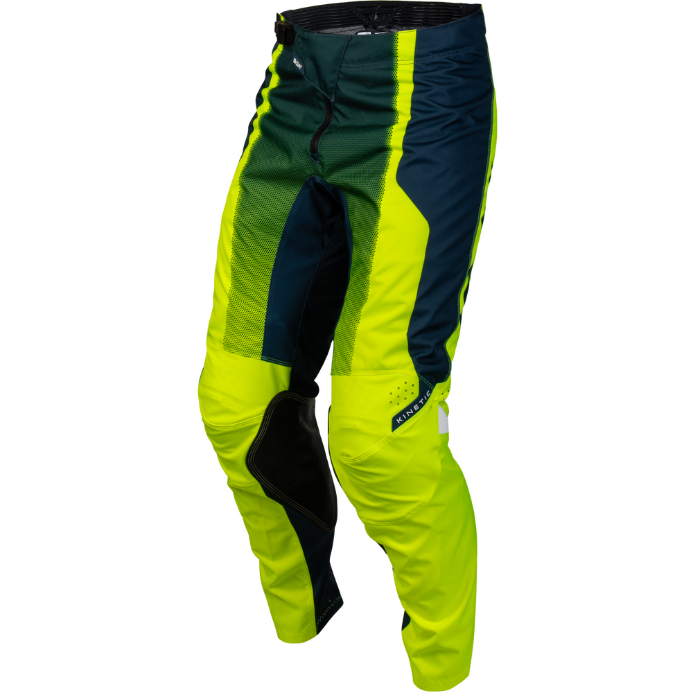 A pair of motocross pants in a color-blocked design of neon yellow, dark green, and navy blue, featuring black knee pads and a zippered fly, shown on a plain white background.