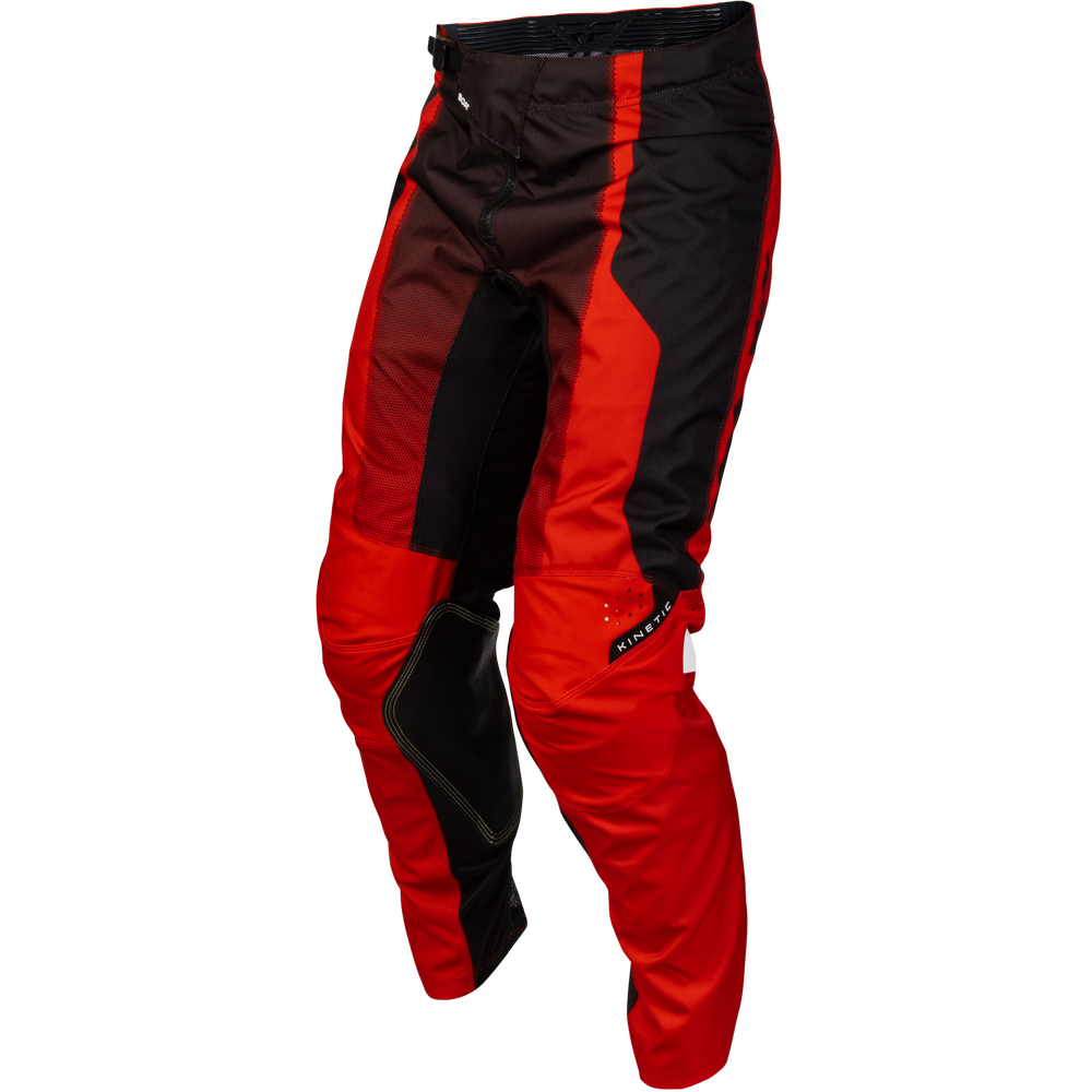 Red and black motocross pants with knee protection panels, shown on a white background.