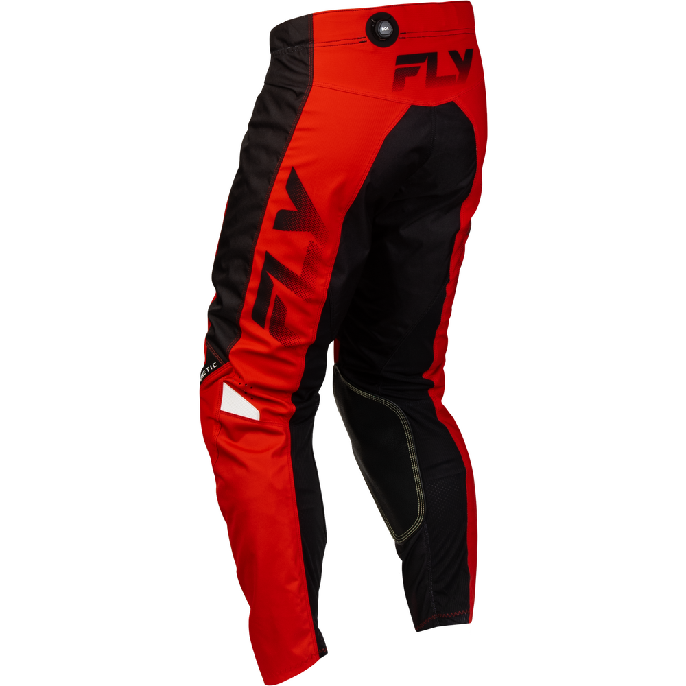 Red and black Fly motocross pants with large black FLY logos on the side and upper thigh, shown on a plain white background.