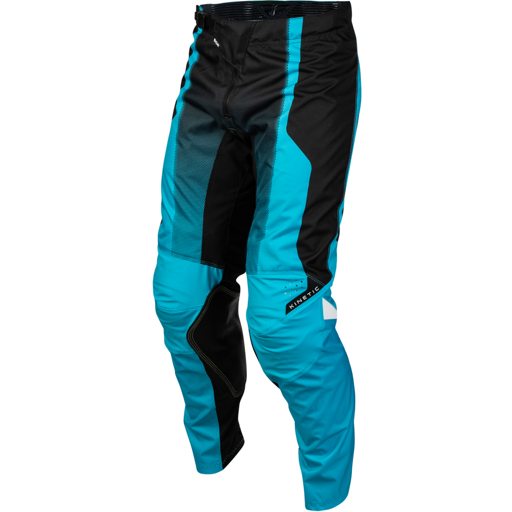 Turquoise and black motocross pants shown on a white background.