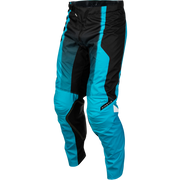 Turquoise and black motocross pants shown on a white background.