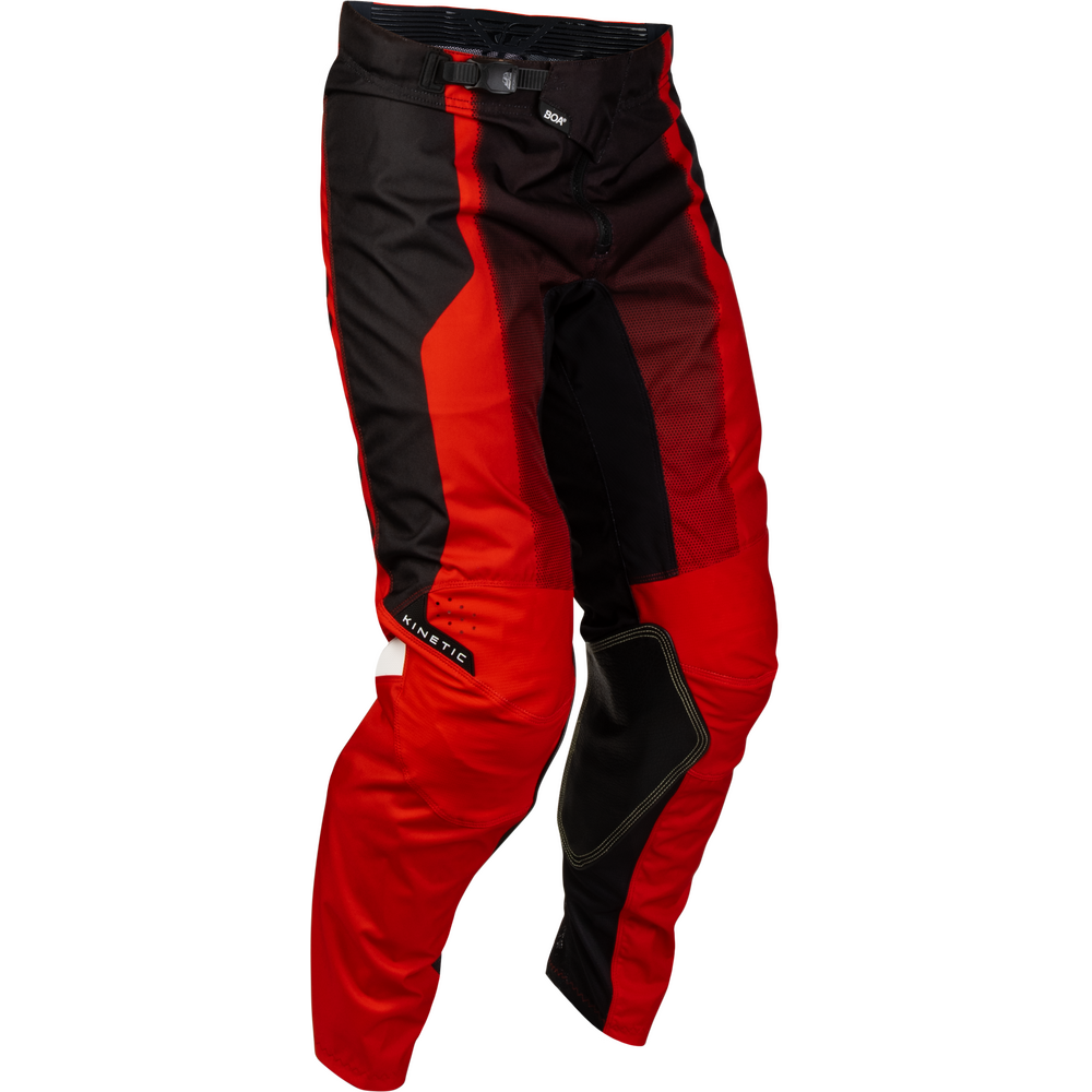 Red and black motocross pants with protective knee guards, shown on a plain white background.