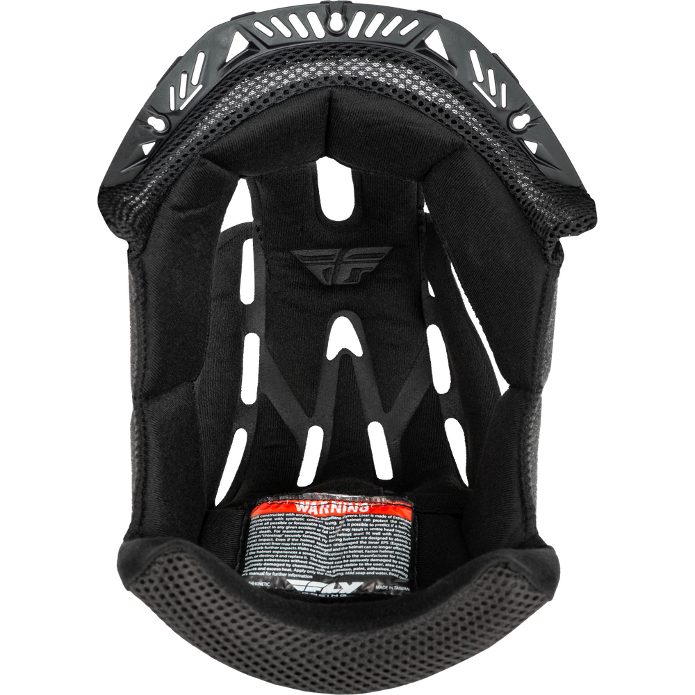 Black Fly Racing full-face helmet interior padding and shell trim, featuring the brand's logo and a red and white warning label on a white background.