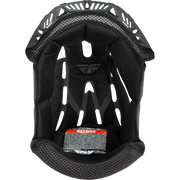 Black Fly Racing full-face helmet interior padding and shell trim, featuring the brand's logo and a red and white warning label on a white background.