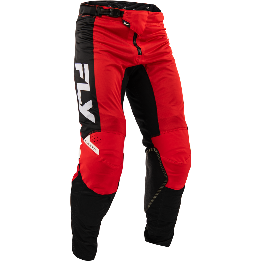 Red and black motocross pants with a large white 'FLY' logo on the left leg, shown on a clean white background.