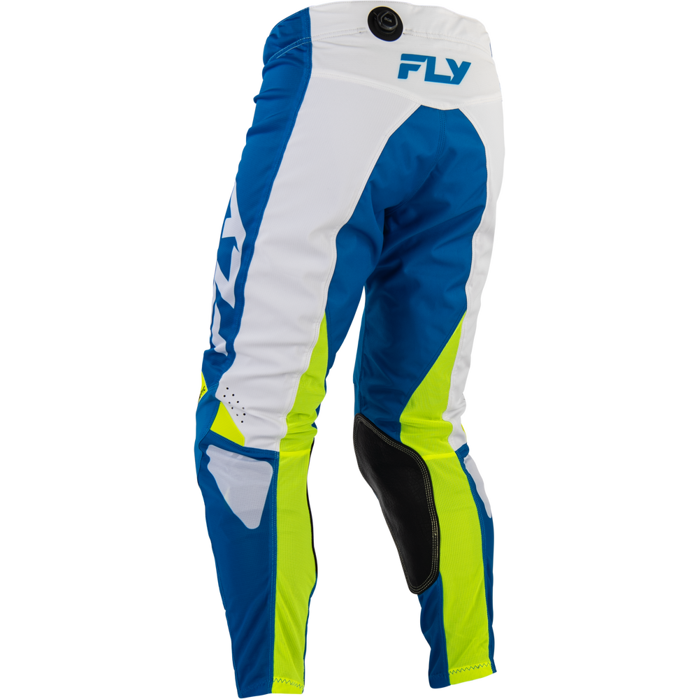 Blue, white, and neon yellow motocross pants with black knee pads and a visible FLY logo on the upper thigh, shown on a plain white background.
