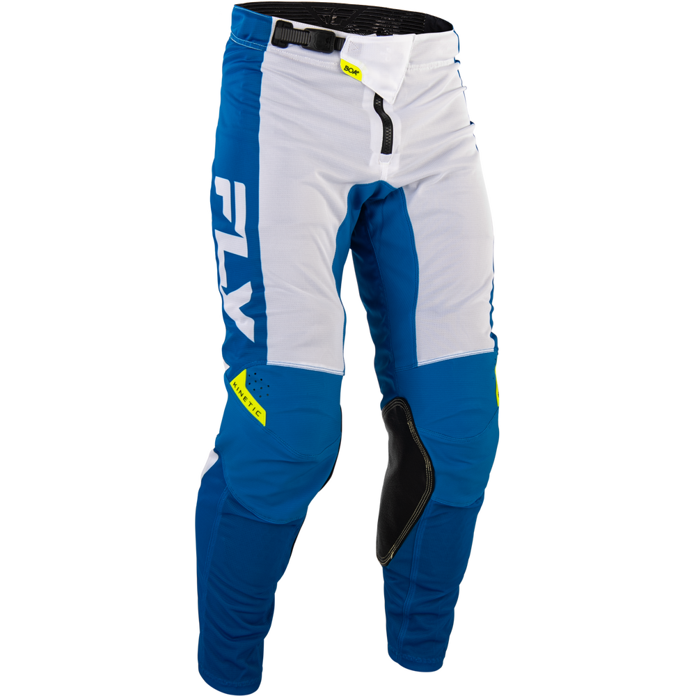 Blue and white motocross pants with black knee pads and a black belt, featuring the brand name 'FLY' printed vertically on the side.