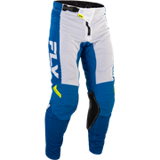 Blue and white motocross pants with black knee pads and a black belt, featuring the brand name 'FLY' printed vertically on the side.