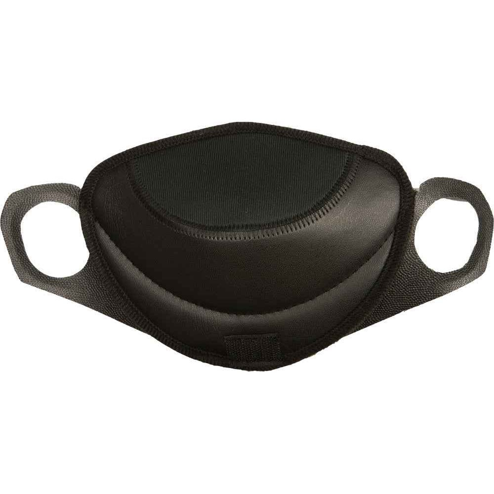 Black protective eye shield with handles on a white background