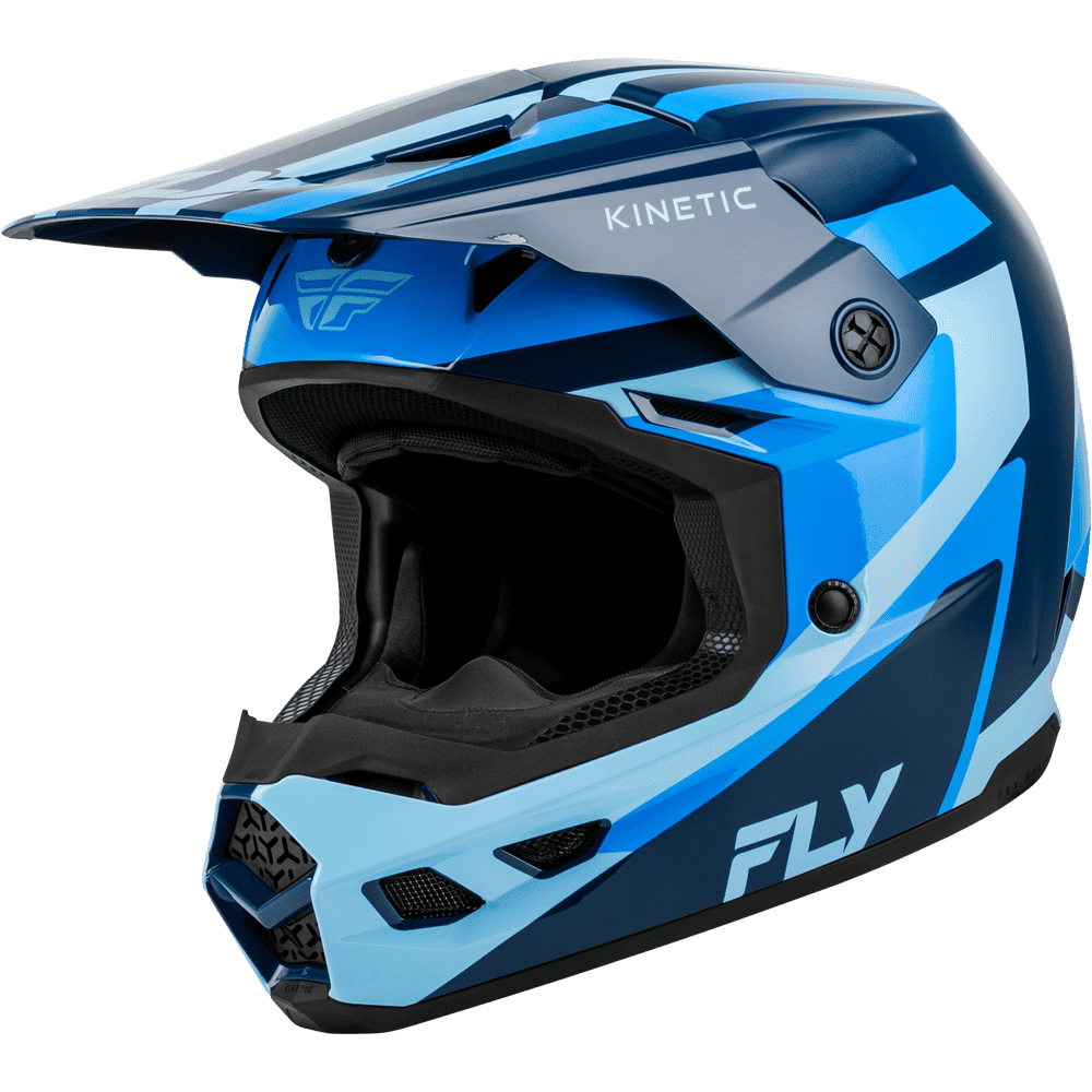 A blue and light blue full-face motocross helmet with a visor, featuring the FLY and KINETIC branding, shown on a solid white background.