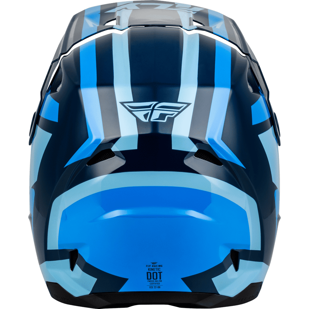 Rear view of a blue and black full-face motocross helmet with a visor, featuring the FLY and KINETIC branding, shown on a plain white background.