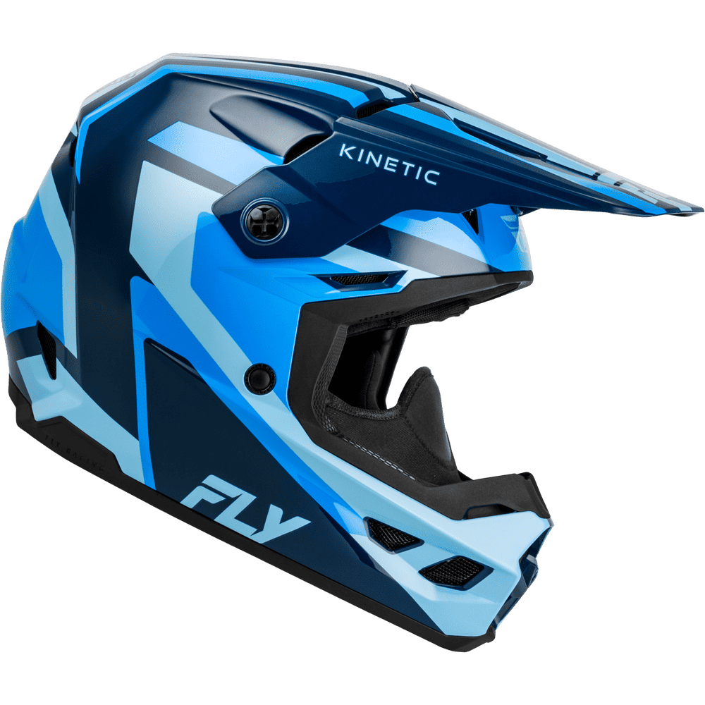 Blue and black full-face motocross helmet with a visor, featuring the FLY and KINETIC branding, shown on a plain white background.