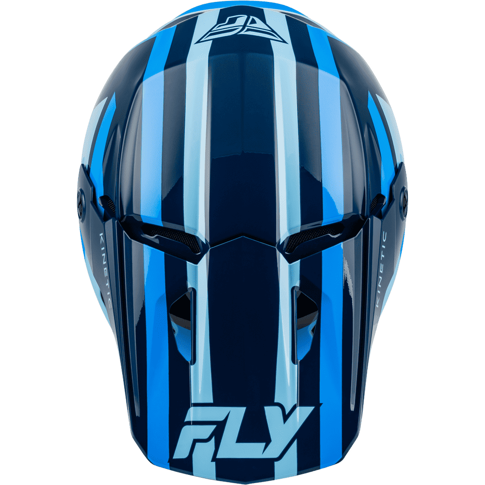 Top view of a blue and black full-face motocross helmet with a visor, featuring the FLY  branding, shown on a plain white background.