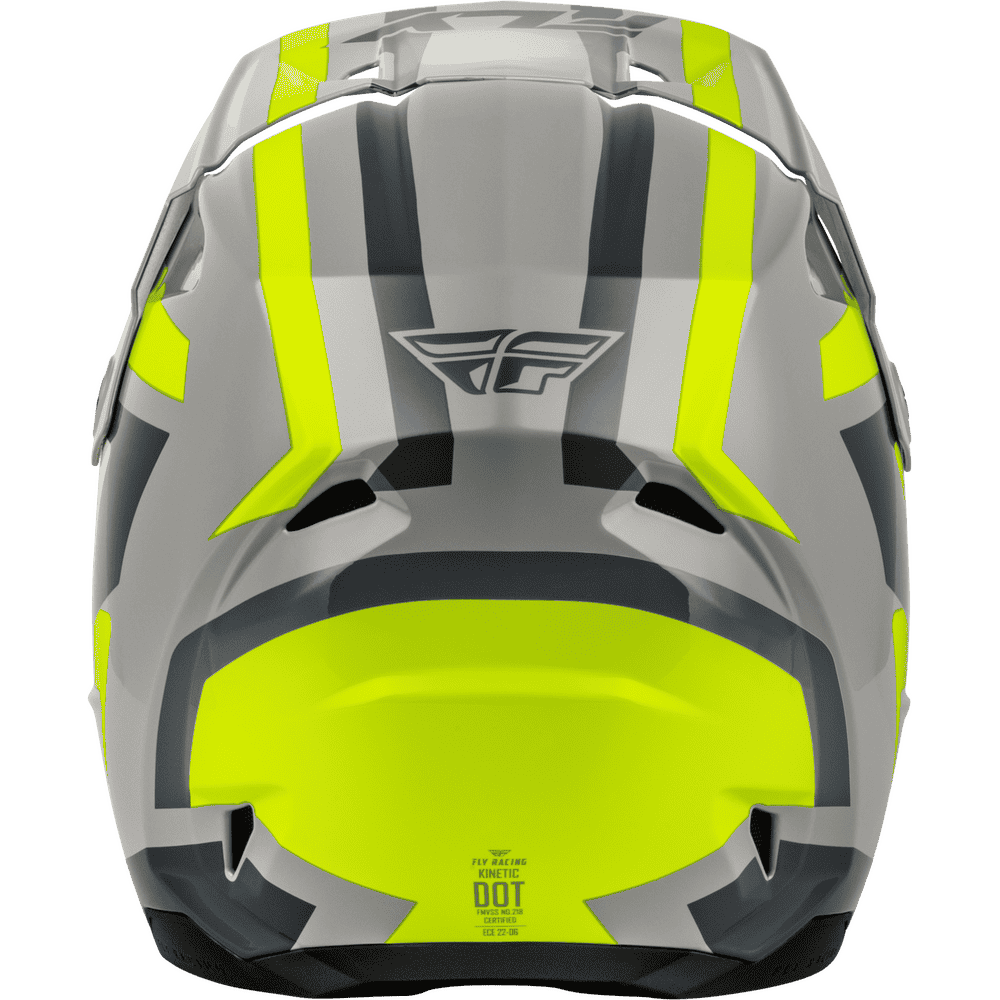 A Fly Racing off-road motocross helmet shown from the rear, featuring a metallic silver-gray shell with dark gray stripes and bright neon yellow accents, including a large visor area.