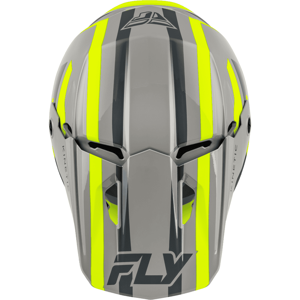 A gray full-face motocross helmet with bold neon yellow and dark gray vertical stripes, featuring the FLY logo on the front and side vents, set against a plain white background.