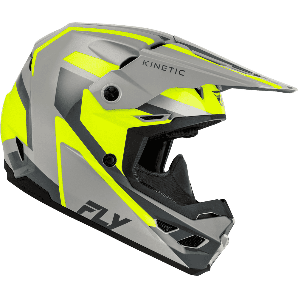 A Fly Racing Kinetix motocross helmet in a striking gray and neon yellow colorway, featuring a full-face design with a visor and black interior padding, shown on a plain white background.