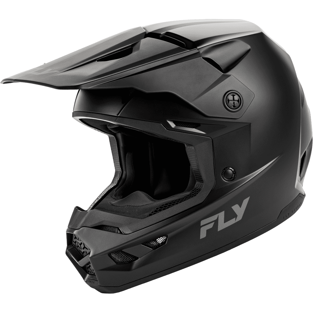 A matte black full-face motocross helmet with a matching visor, featuring the FLY brand logo in gray on the lower side, shown against a solid white background.