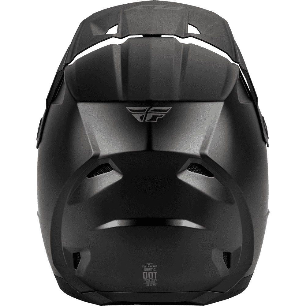 A matte black off-road helmet shown from the back against a solid white background, featuring a subtle embossed wing logo and DOT 2 certification text on the lower front.